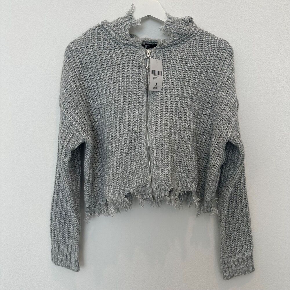 NWT Forever 21 light heather gray knit distressed raw hem full zip hoodie small